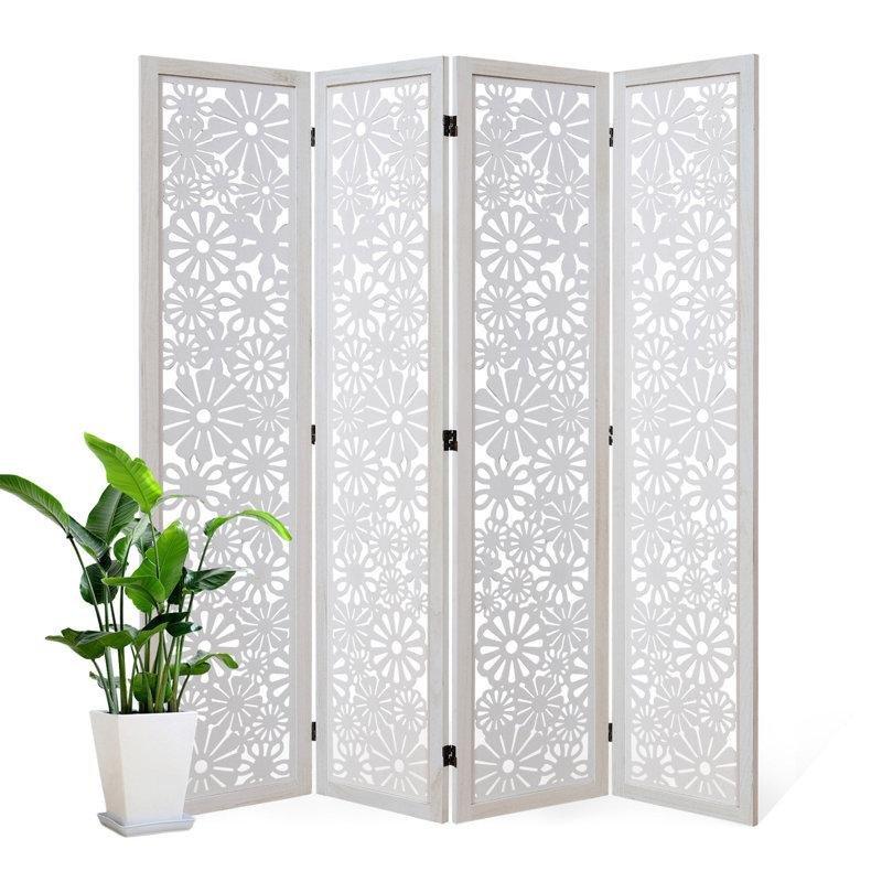 Eskitme Beyaz Paulownia Ahşap Çiçek Oymalı Katlanır Paravan - 171x160 cm - 321663