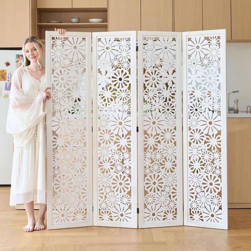 Eskitme Beyaz Paulownia Ahşap Çiçek Oymalı Katlanır Paravan - 171x160 cm - 321663
