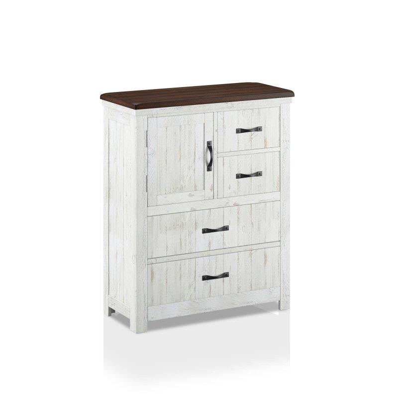 Eskitme Beyaz ve Ceviz Masif Ahşap 4 Çekmeceli Kapaklı Şifonyer - 122x99x45 cm - 306686