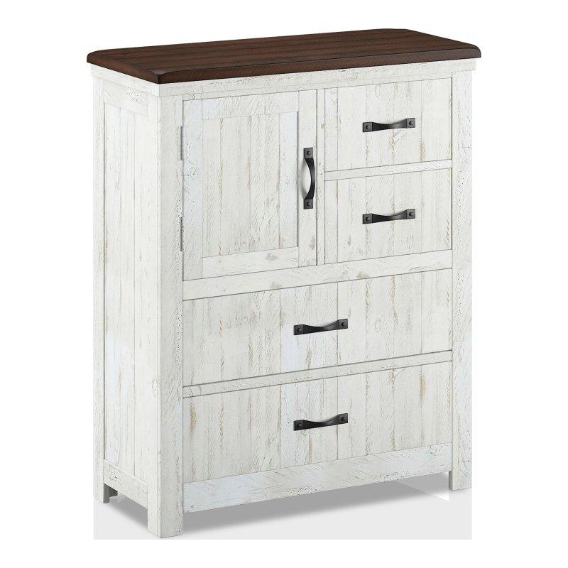 Eskitme Beyaz ve Ceviz Masif Ahşap 4 Çekmeceli Kapaklı Şifonyer - 122x99x45 cm - 306686