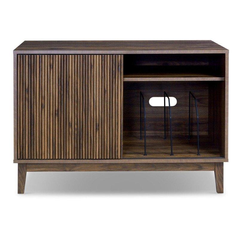 Eskitme Ceviz Ahşap Yivli Sürgülü Kapaklı Plak Kitaplığı - 102 cm - 315271