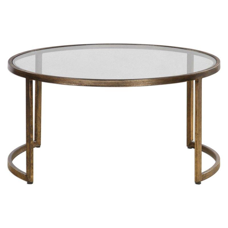 Eskitme Gold Metal ve Cam Zigon Yuvarlak Orta Sehpa Seti - 107 cm - 240568