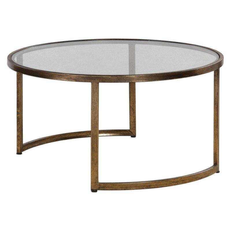 Eskitme Gold Metal ve Cam Zigon Yuvarlak Orta Sehpa Seti - 107 cm - 240568