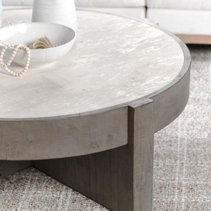 Eskitme Gri Geri Kazanılmış Çam ve Beton Laminat Çapraz Ayaklı Yuvarlak Orta Sehpa - 133 cm - 243054