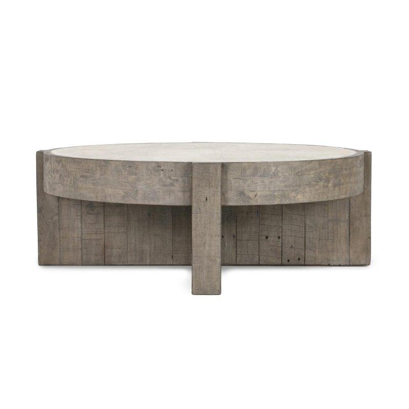 Eskitme Gri Geri Kazanılmış Çam ve Beton Laminat Çapraz Ayaklı Yuvarlak Orta Sehpa - 133 cm - 243054