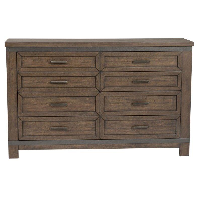 Eskitme Gri Kauçuk Ağacı Masif Metal Şeritli 8 Çekmeceli Şifonyer - 163x46x102 cm - 308529