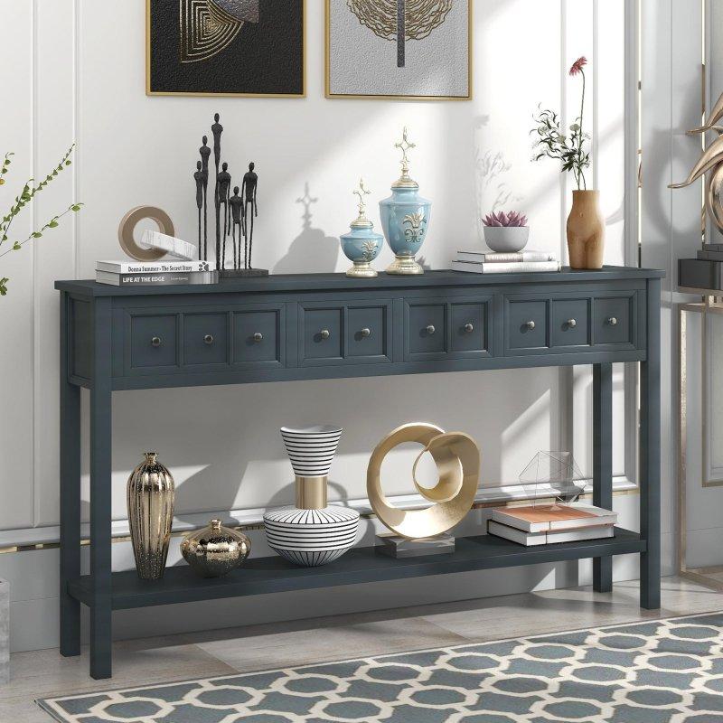 Eskitme Gri Masif Ahşap 4 Çekmeceli Raflı Dresuar - 153 cm - 331537