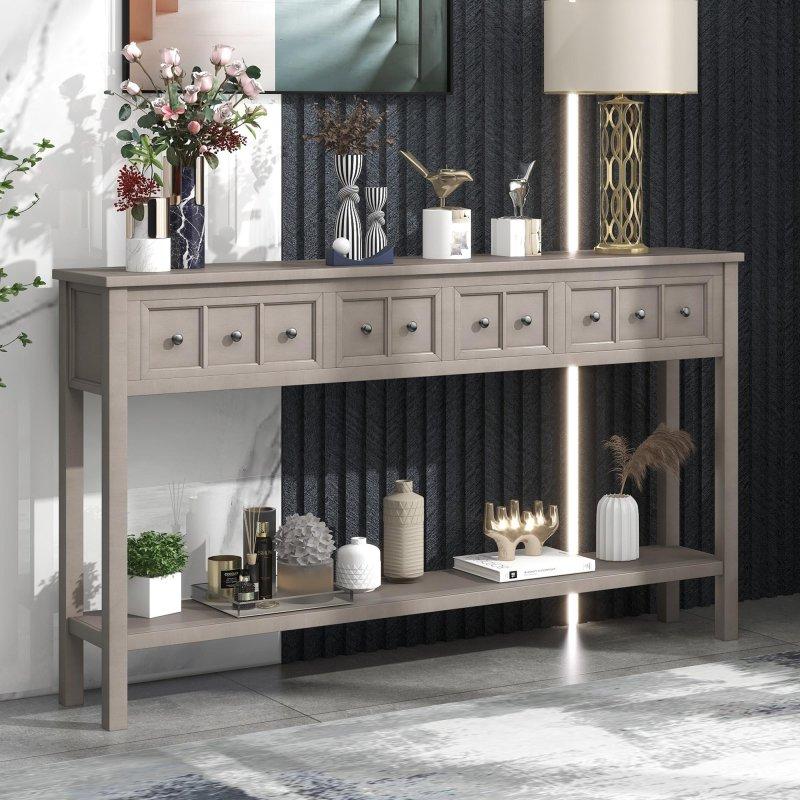 Eskitme Gri Masif Ahşap 4 Çekmeceli Raflı Dresuar - 153 cm - 331537