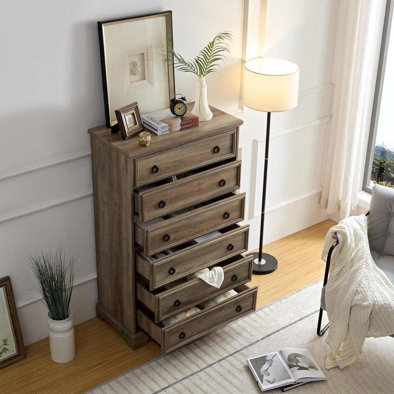 Eskitme Gri MDF ve Akasya Ağacı 6 Çekmeceli Şifonyer - 76 cm - 302909