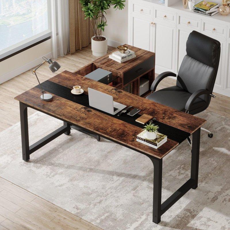 Eskitme Kahverengi Ahşap Metal L Tipi Dosya Dolaplı Ofis Masası - 326289