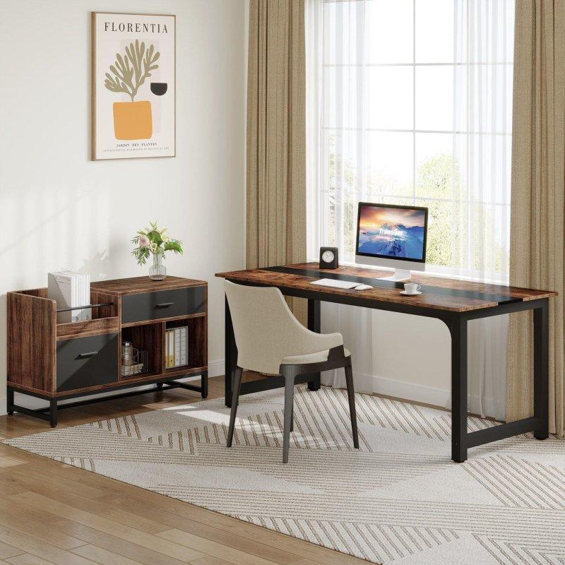 Eskitme Kahverengi Ahşap Metal L Tipi Dosya Dolaplı Ofis Masası - 326289