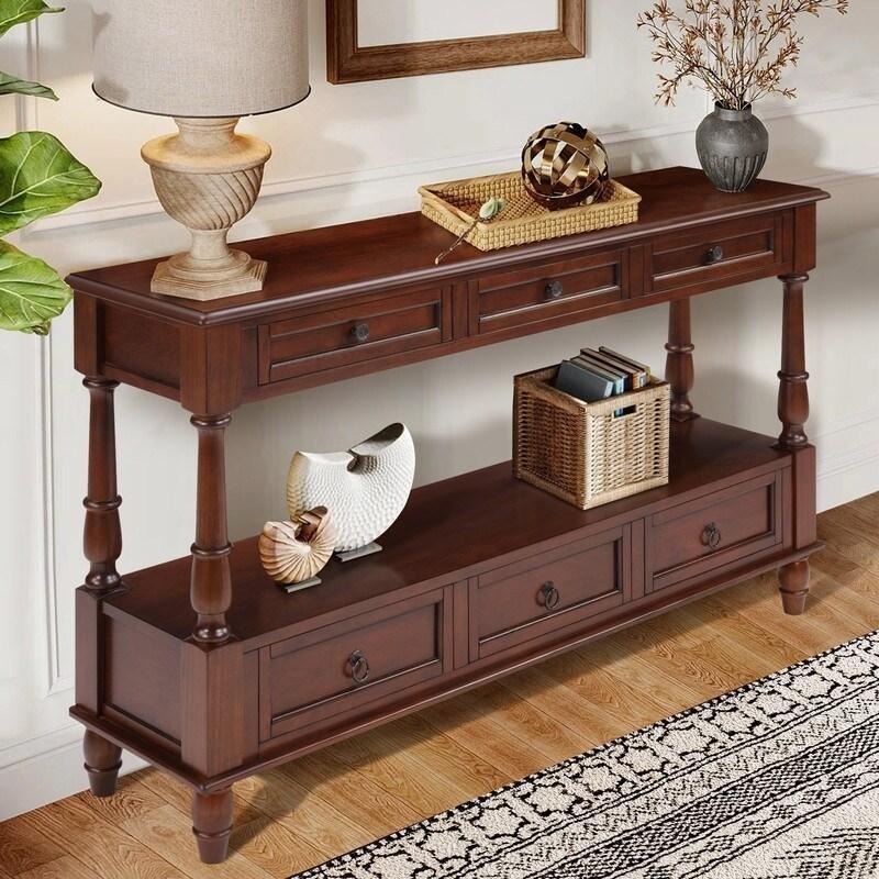 Eskitme Kahverengi Masif Ahşap 6 Çekmeceli ve Raflı Retro Dresuar - 138 cm - 331062