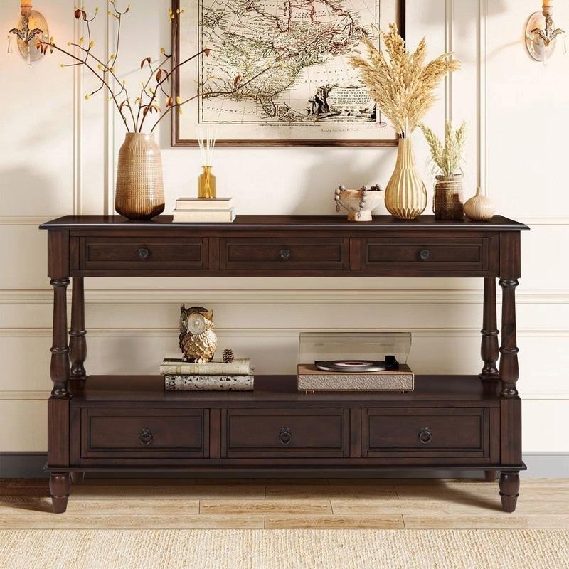 Eskitme Kahverengi Masif Ahşap 6 Çekmeceli ve Raflı Retro Dresuar - 138 cm - 331062