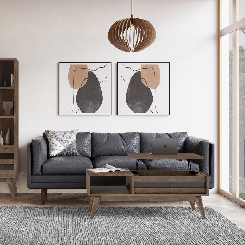 Eskitme Kahverengi Masif Akasya Ağacı Asansörlü Saklama Alanlı Akıllı Sehpa - 122 cm - 253573