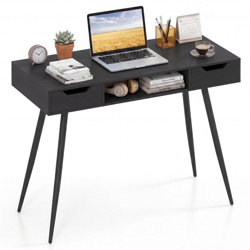 Eskitme Kahverengi MDF 2 Çekmeceli Açık Bölmeli Konik Ayaklı Ofis Masası - 108 cm - 326488