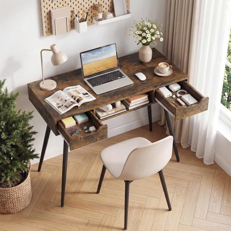 Eskitme Kahverengi MDF 2 Çekmeceli Açık Bölmeli Konik Ayaklı Ofis Masası - 108 cm - 326488