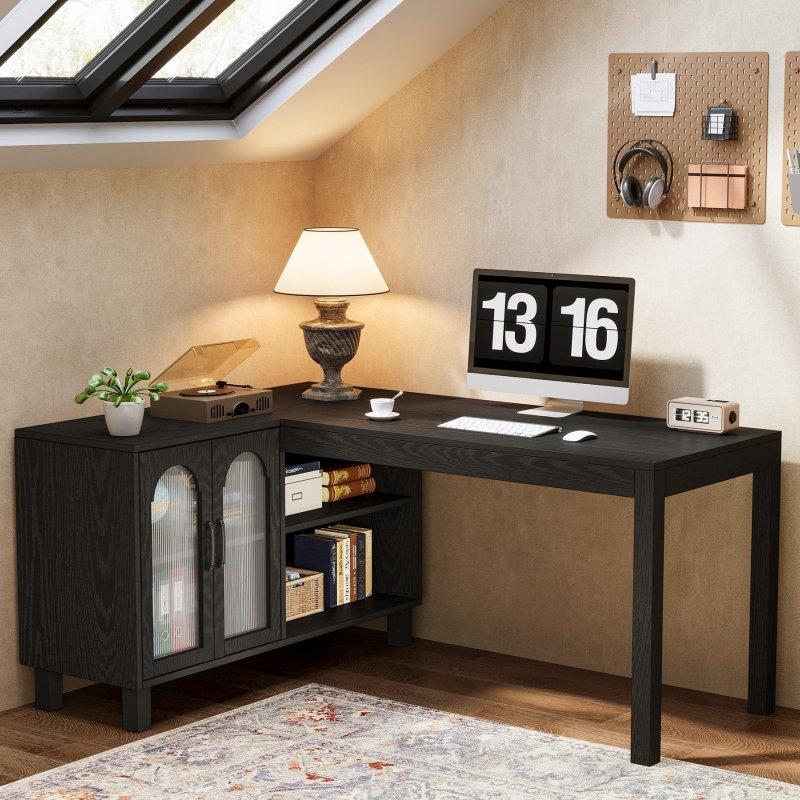 Eskitme Kahverengi MDF Dosya Dolaplı ve Raflı L Tipi Ofis Masası - 150x110 cm - 327448