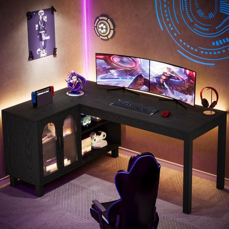 Eskitme Kahverengi MDF Dosya Dolaplı ve Raflı L Tipi Ofis Masası - 150x110 cm - 327448