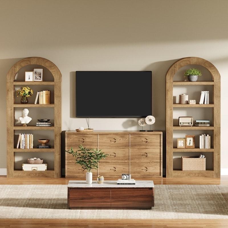 Eskitme Kahverengi MDF Kemerli Tasarım 5 Raflı Kitaplık - 181 cm - 312260