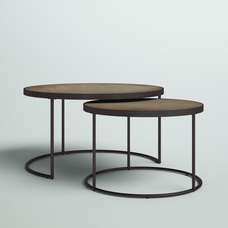 Eskitme Kahverengi MDF ve Siyah Demir Endüstriyel Zigon Yuvarlak Orta Sehpa Seti - 77 cm - 245658