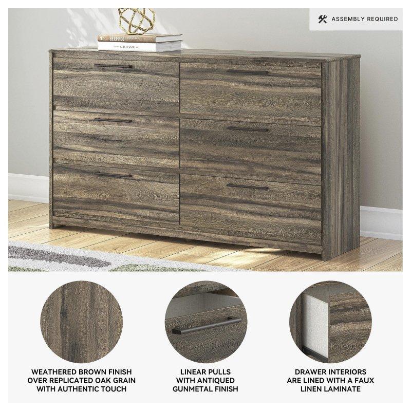 Eskitme Kahverengi Meşe Dokulu MDF 6 Çekmeceli Şifonyer - 158x92x41 cm - 310162