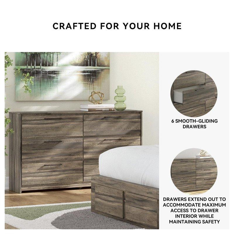 Eskitme Kahverengi Meşe Dokulu MDF 6 Çekmeceli Şifonyer - 158x92x41 cm - 310162