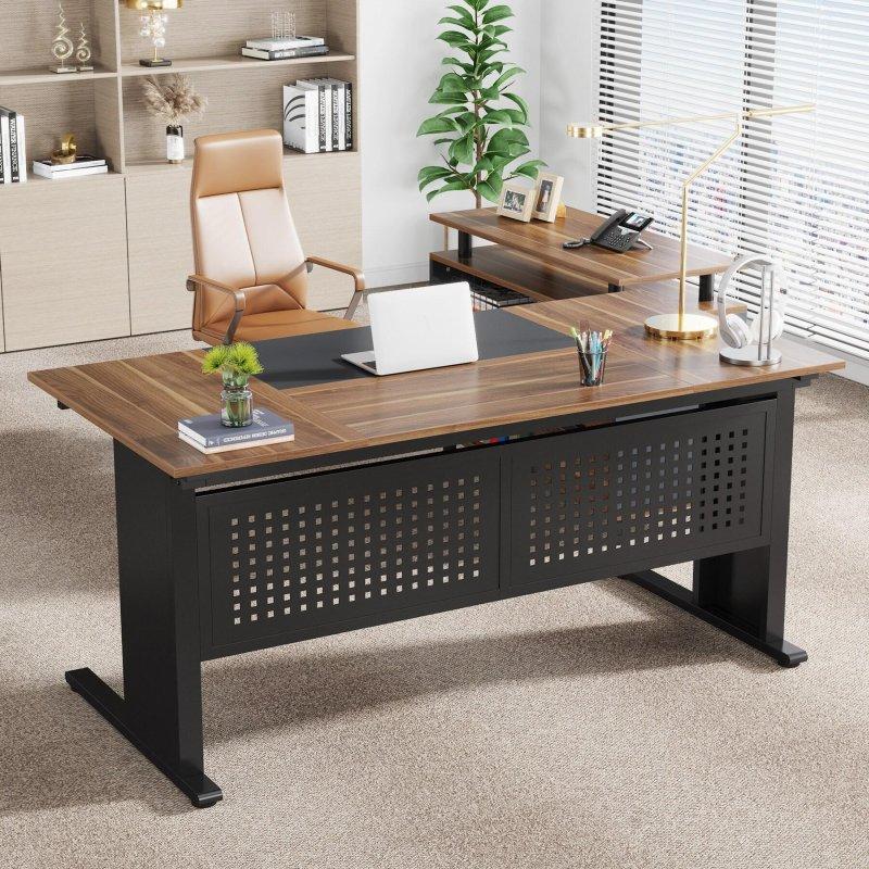 Eskitme Kahverengi Metal Ayaklı Ahşap L Tipi Dosya Dolaplı Ofis Masası - 161 cm - 327881