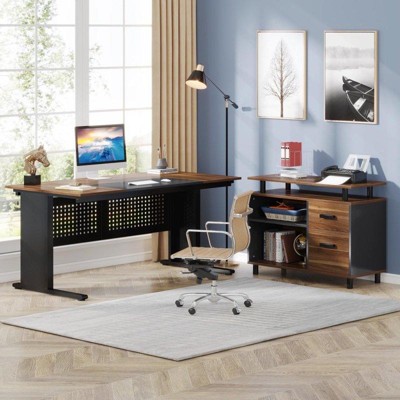 Eskitme Kahverengi Metal Ayaklı Ahşap L Tipi Dosya Dolaplı Ofis Masası - 161 cm - 327881