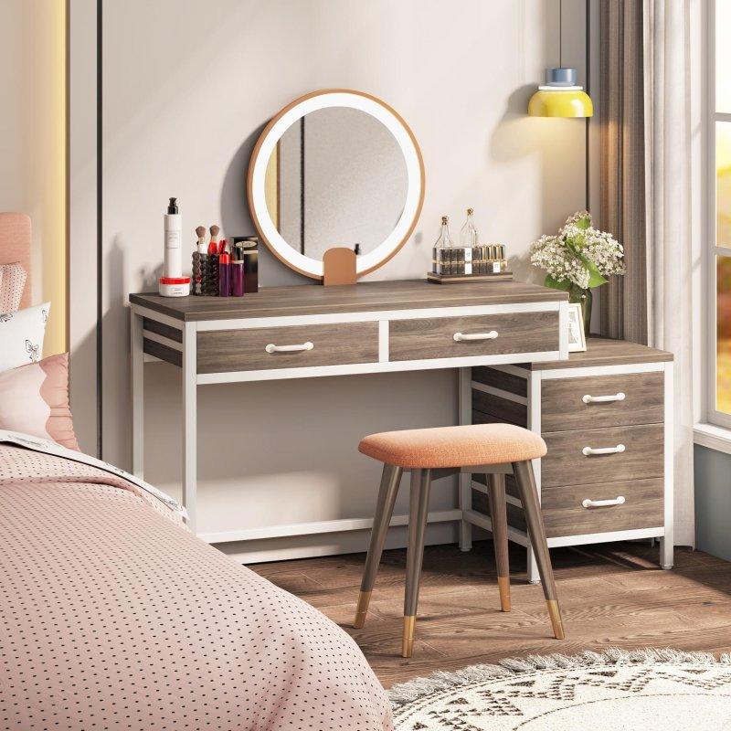 Eskitme Kahverengi Metal ve Ahşap 5 Çekmeceli Yönü Değiştirilebilir Ofis Masası - 100 cm - 327434