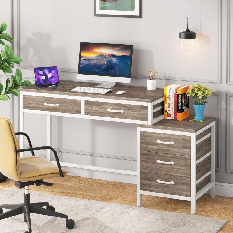 Eskitme Kahverengi Metal ve Ahşap 5 Çekmeceli Yönü Değiştirilebilir Ofis Masası - 100 cm - 327434