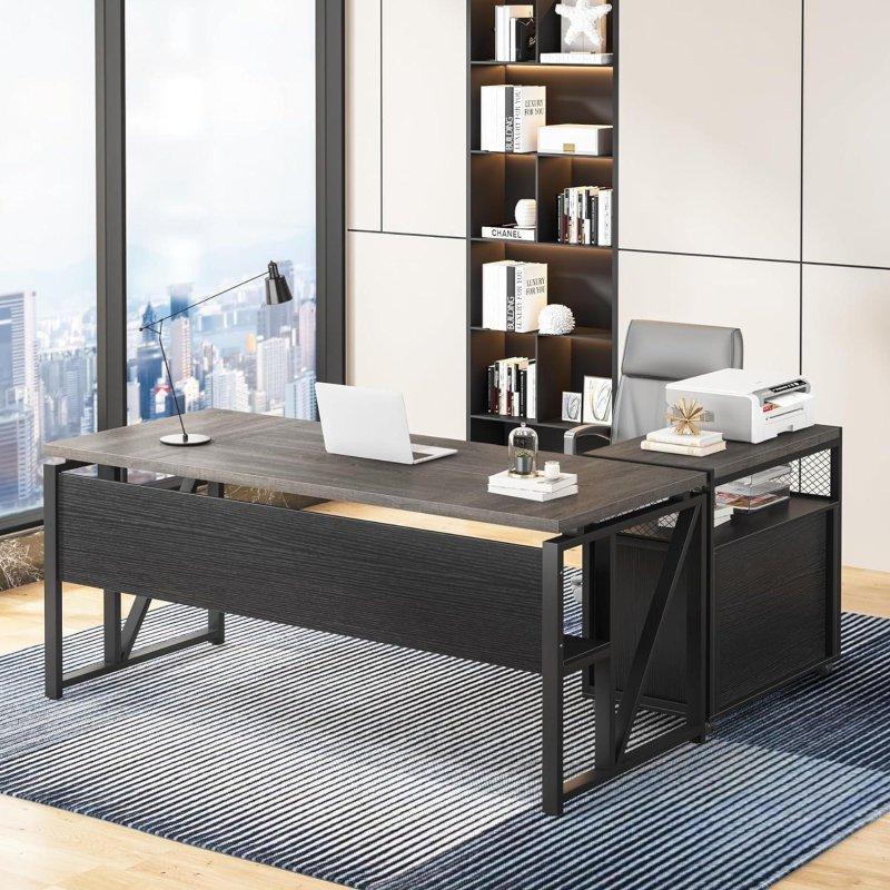 Eskitme Kahverengi ve Siyah Metal İskeletli Tekerlekli Yan Kabinetli İki Parçalı L Tipi Ofis Masası - 327426