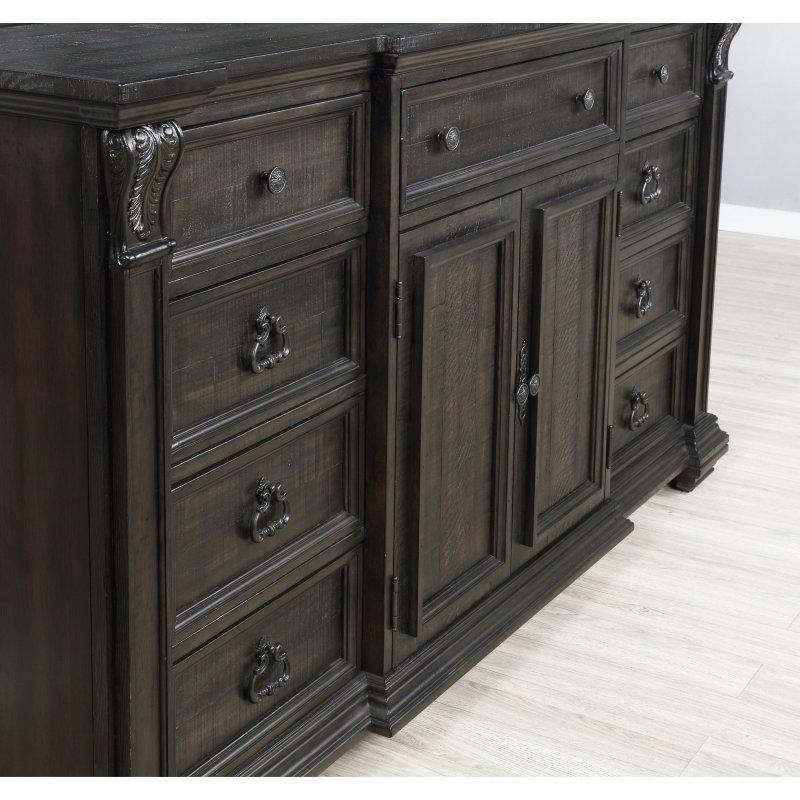 Eskitme Koyu Ceviz Masif Çam 9 Çekmeceli ve Kapaklı Şifonyer - 173x102x49 cm - 304542