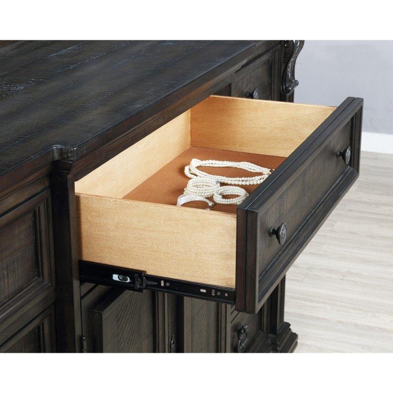 Eskitme Koyu Ceviz Masif Çam 9 Çekmeceli ve Kapaklı Şifonyer - 173x102x49 cm - 304542