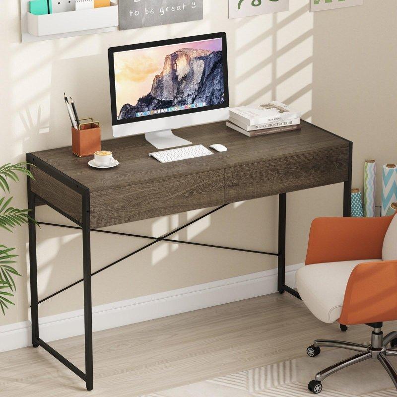 Eskitme Kül Rengi Metal İki Çekmeceli X-Destekli Ofis Masası - 112x49 cm - 325952