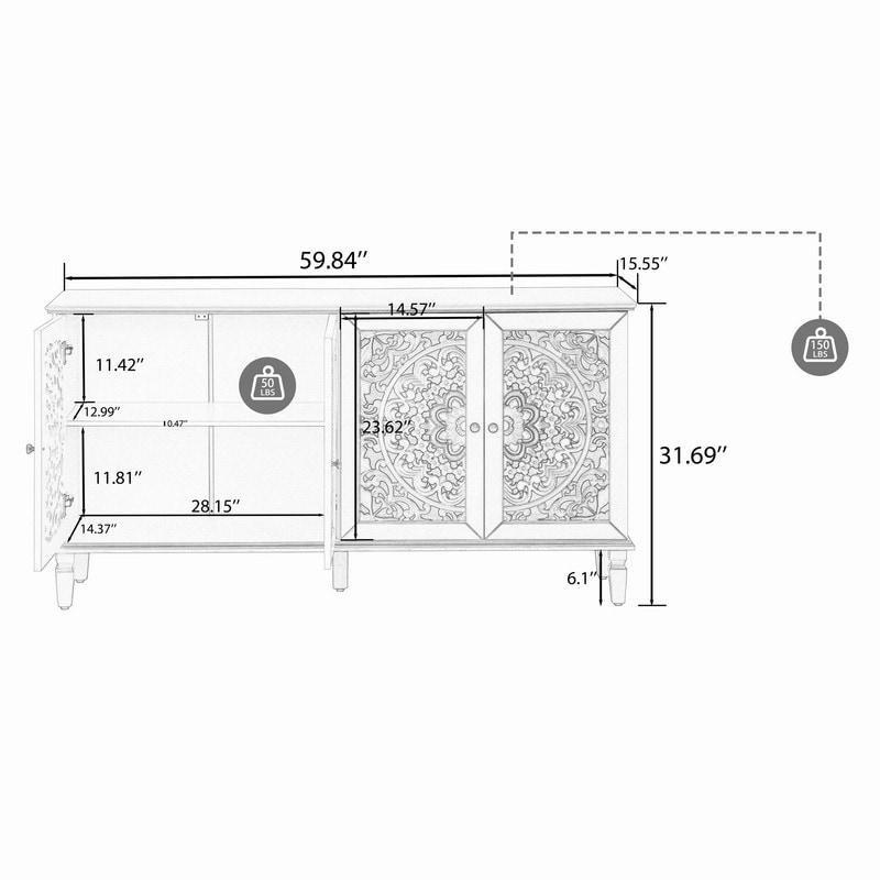 Eskitme Masif Ahşap Ayaklı Çiçek Oymalı Bohem Konsol - 153 cm - 325309