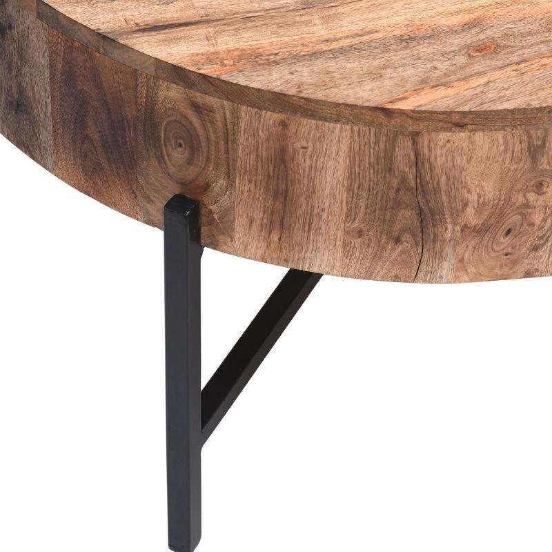 Eskitme Masif Mango Ağacı Tablalı Siyah Demir Çapraz Ayaklı Yuvarlak Orta Sehpa - 84 cm - 244530