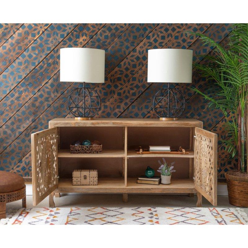 Eskitme Masif Mango Ağacı ve MDF Mandala Oymalı 2 Kapaklı Bohem Konsol - 153 cm - 325316