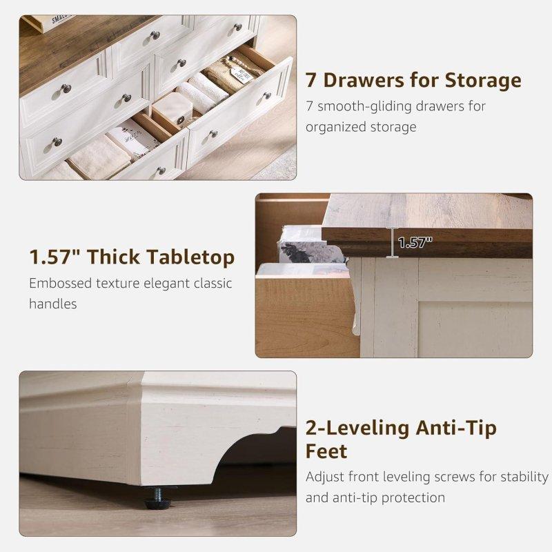 Eskitme MDF 7 Çekmeceli Kır Tarzı Şifonyer - 139 cm - 299196