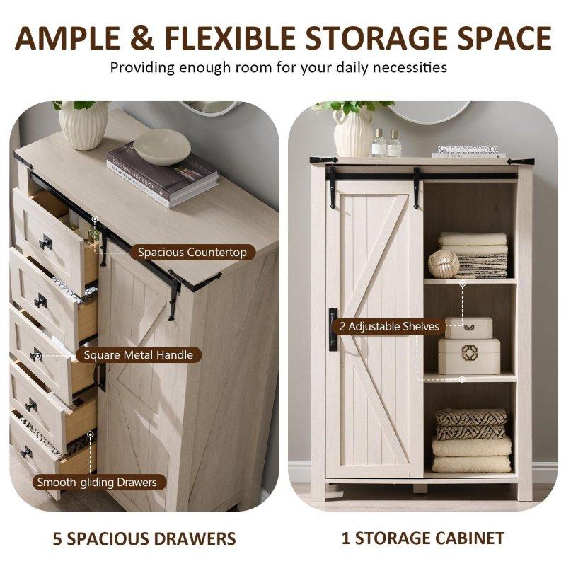 Eskitme MDF Sürgülü Ahır Kapılı 5 Çekmeceli Şifonyer - 81x42x123 cm - 300880