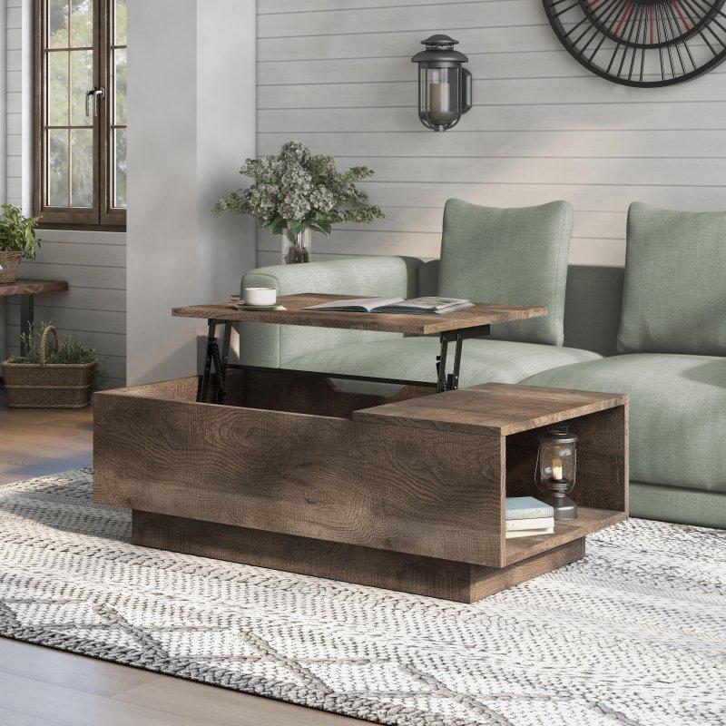 Eskitme Meşe Ahşap Kaplama Asansörlü ve Gizli Bölmeli Akıllı Sehpa - 121x62 cm - 254432