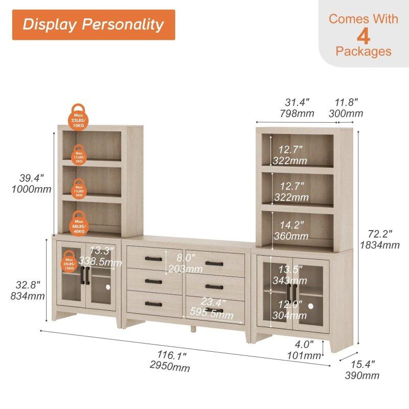 Eskitme Meşe MDF 6 Çekmeceli Modüler Cam Kapaklı Kitaplık - 239078