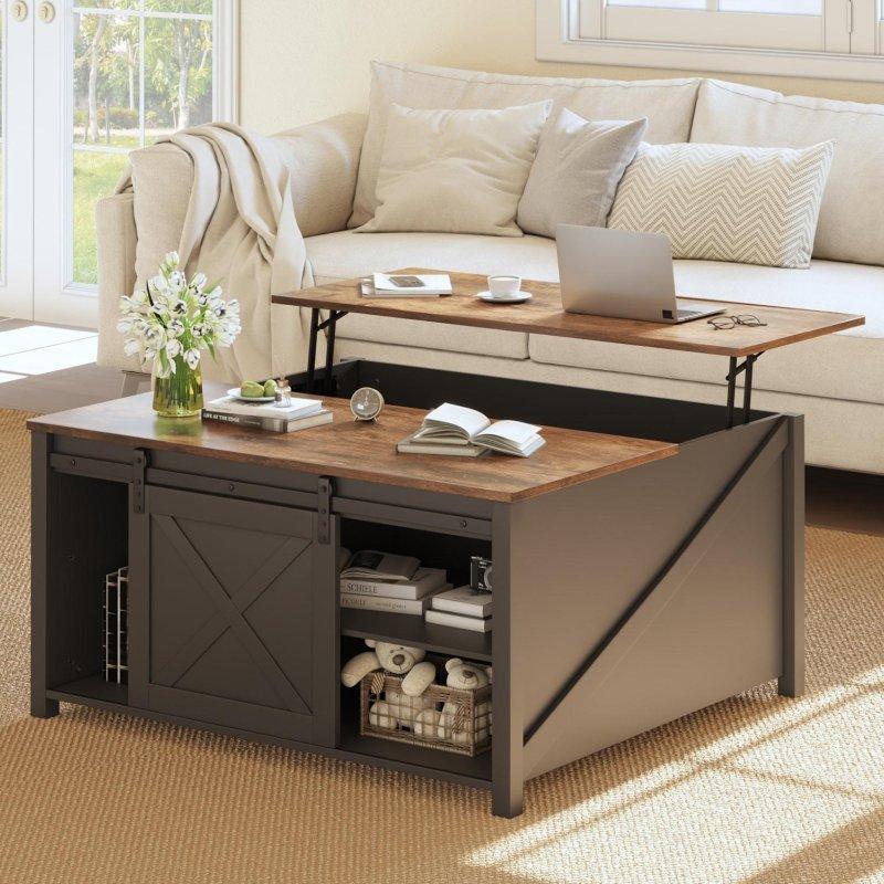 Eskitme Meşe Tasarımlı Asansörlü ve Gizli Bölmeli MDF Akıllı Sehpa - 81x81 cm - 254559