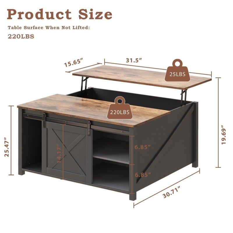 Eskitme Meşe Tasarımlı Asansörlü ve Gizli Bölmeli MDF Akıllı Sehpa - 81x81 cm - 254559
