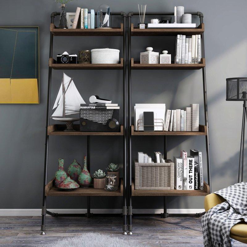 Eskitme Meşe ve Siyah Metal 4 Raflı Endüstriyel Merdiven Kitaplık - 66x57x180 cm - 315068