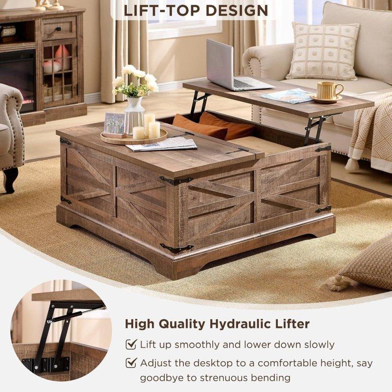 Eskitme Siyah MDF Sürgülü Kapaklı Depolama Alanlı Asansörlü Akıllı Sehpa - 92x92 cm - 254805