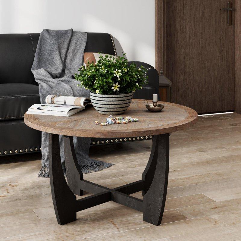 Eskitme Siyah MDF ve Ahşap Alt Raflı Fransız Kır Tarzı Yuvarlak Orta Sehpa - 243028