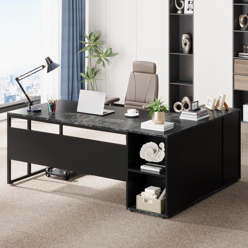 Eskitme Tasarım Metal ve MDF L Tipi Kabinli ve Raflı Yönetici Ofis Masası - 181 cm - 327210