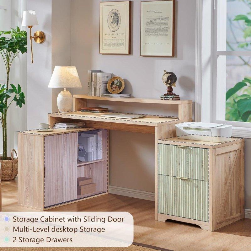 Eskitme ve Beyaz MDF L Tipi Çekmeceli ve USB Şarj İstasyonlu Ofis Masası - 171 cm - 327819