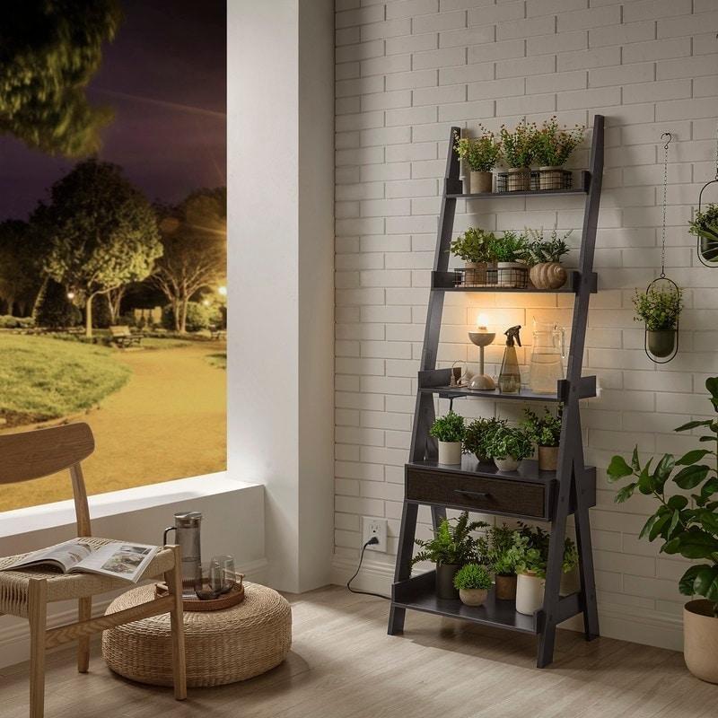 Espresso Ahşap Prizli ve USB Portlu Çekmeceli Merdiven Kitaplık - 60x179x42 cm - 314014