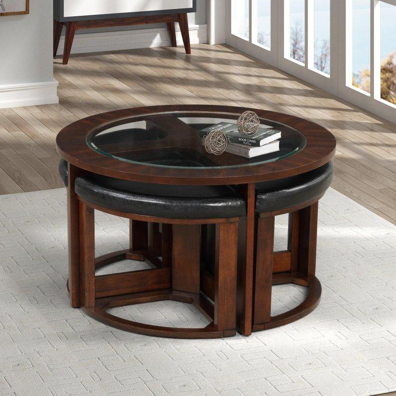 Espresso Ahşap ve Cam 4 Tabureli Yuvarlak Orta Sehpa Takımı - 97x49 cm - 243324